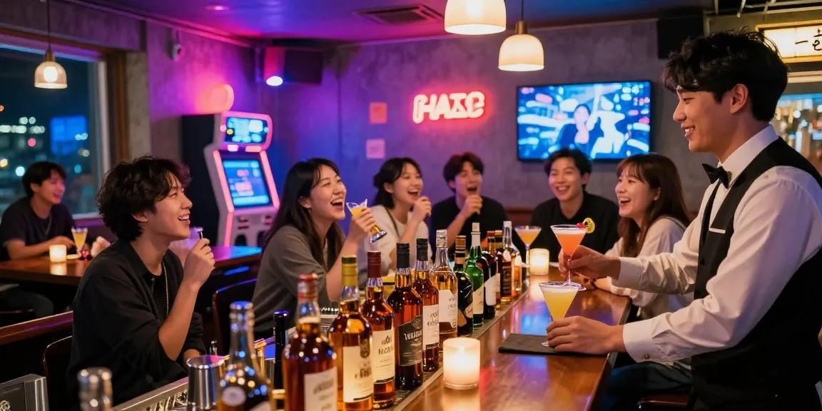 제주유흥에서 즐거운 시간을 보내는 사람들, 바와 노래방의 모습을 담은 이미지