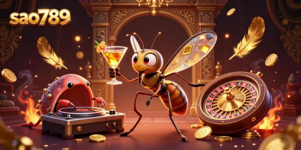 Experience immense excitement at sao789 with a dynamic 3D illustration showcasing a casino mascot amid gambling elements.