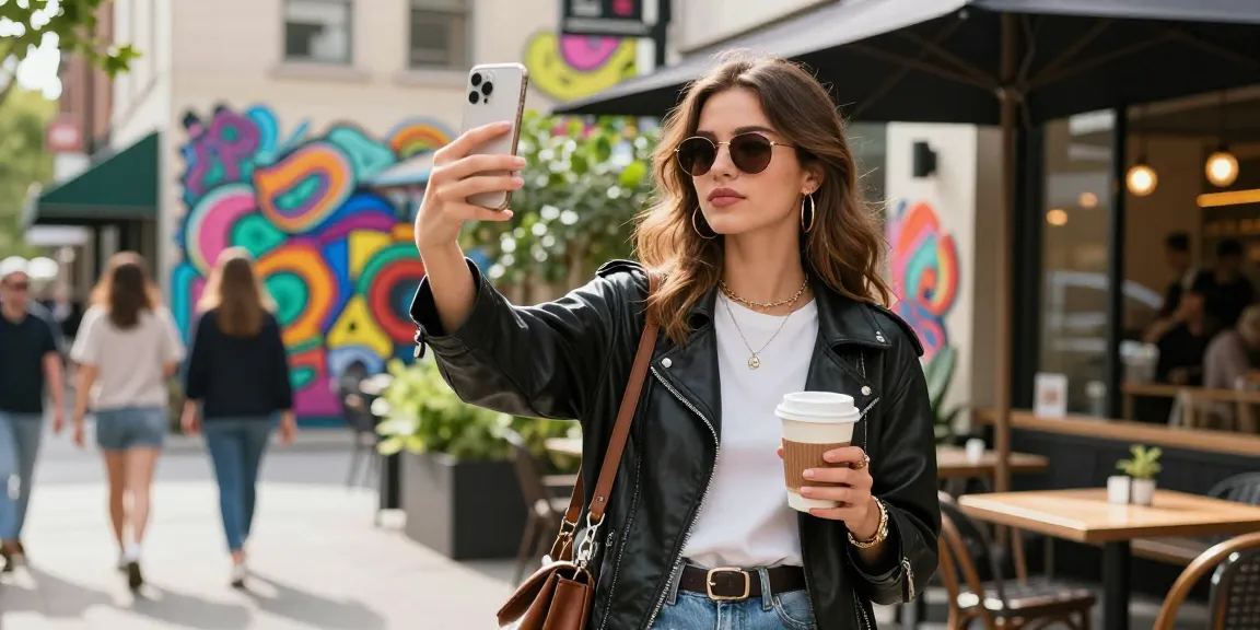 インスタ女性いいね購入のために街中で自撮りをしている若い女性のシーン