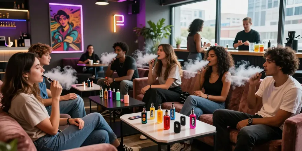 Friends enjoying rokok88 super products in a vibrant vaping lounge setting.