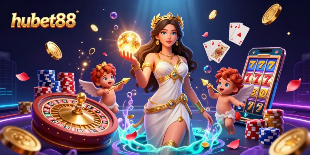 Experience the excitement of hubet88 with captivating 3D casino illustrations showcasing dynamic gaming elements.