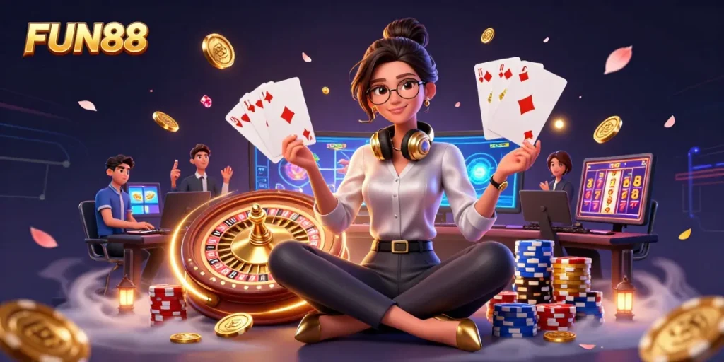 Experience thrilling casino games at FUN88 with an elegant Asian gamer amidst gold coins and vibrant lights.
