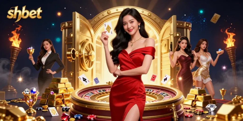 Engage with shbet as beautiful Asian woman elegantly showcases a playing card beside a golden roulette wheel.