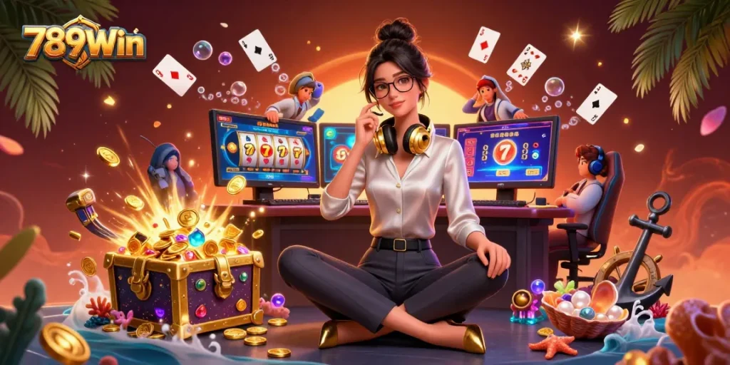 Experience thrilling gaming at 789Win with an elegant lady gaming amidst vibrant casino elements.