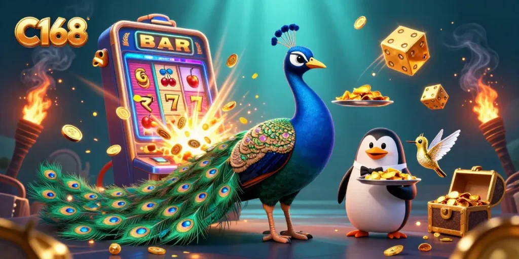 C168 showcases an exciting slot machine experience with a peacock, penguin, and hummingbird in a vibrant casino illustration.