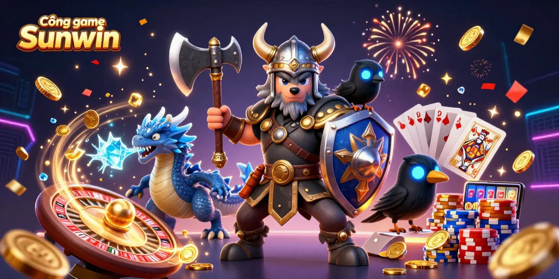 Cổng game Sunwin showcases thrilling gameplay with a heroic Viking wolf warrior, fierce dragon, and dazzling casino elements.