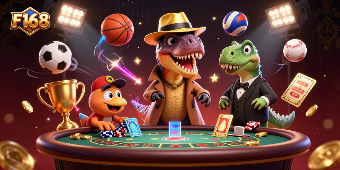 Experience thrilling gaming at F168 with a cartoon velociraptor counter at the blackjack table in a dynamic casino scene.