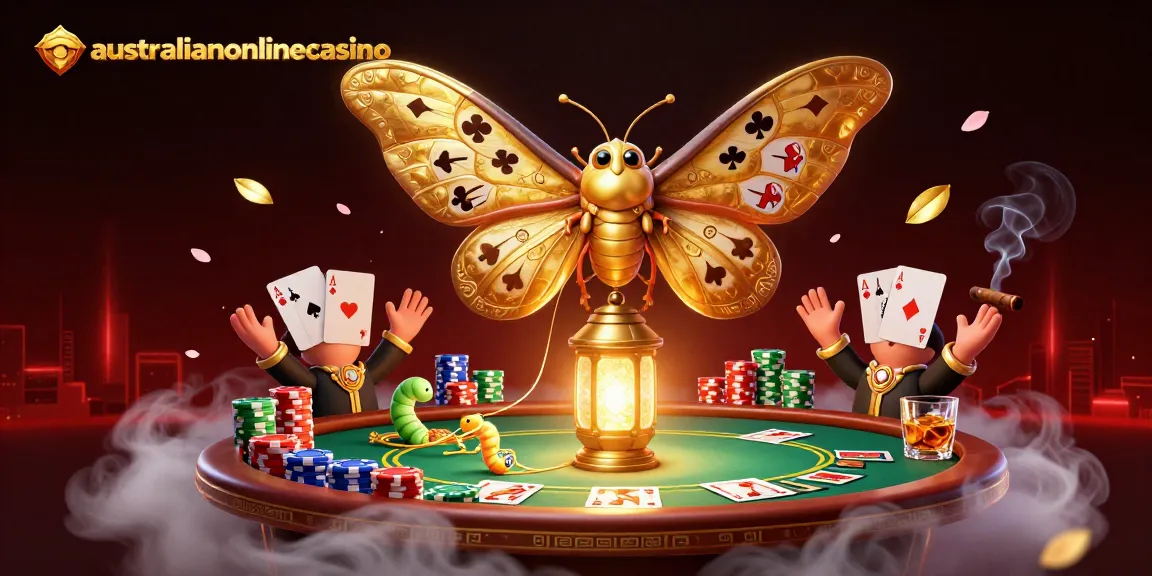 Experience the excitement of online pokies with australianonlinecasino's vibrant 3D illustration featuring a grand butterfly and casino elements.