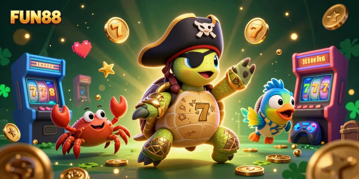 Spin and win with FUN88's vibrant 3D casino scene featuring a turtle, hermit crab, and parrotfish.