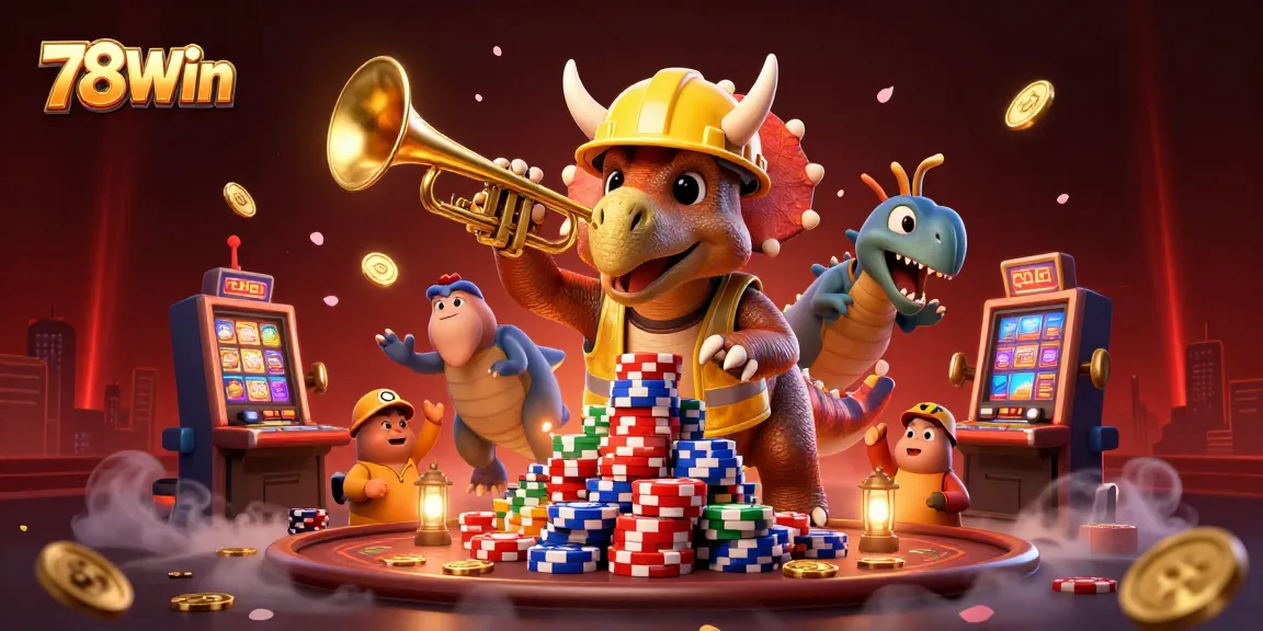 Experience the excitement at 78Win with a triceratops building poker chips in a vibrant casino scene.