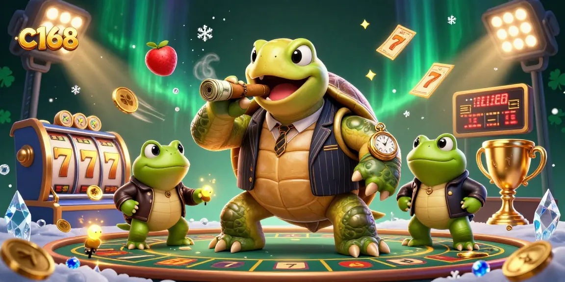 C168 players engage with vibrant slot reels, golden jackpots, and a massive mobster turtle in an animated casino atmosphere.