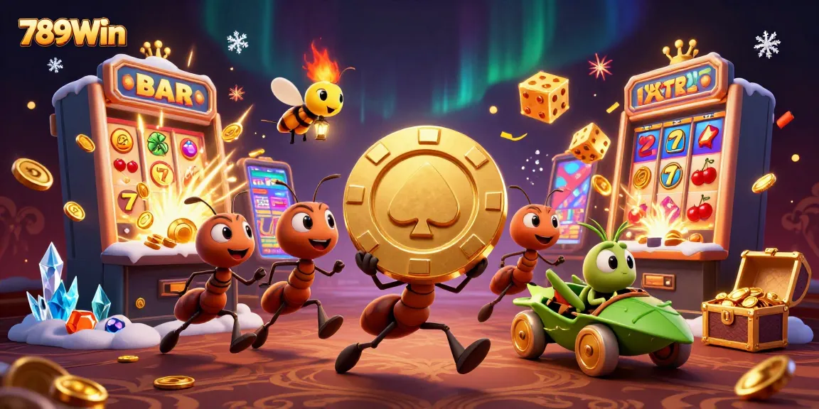Ants and their grasshopper accomplice racing with a golden poker chip in a vibrant 789Win casino scene.